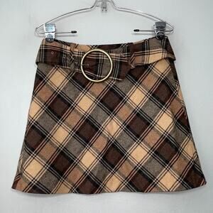 Y2K Brown Plaid Mini Skirt Size 5 Small Wool Skater Dark Academia Twee Preppy